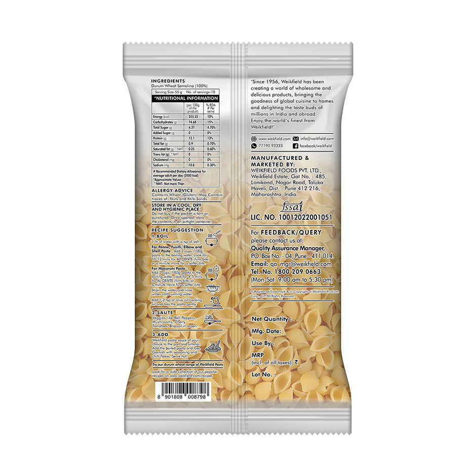 Weikfield Shell Pasta|Durum Wheat Semolina Healthy Pasta| Rich in Protein & Fibre