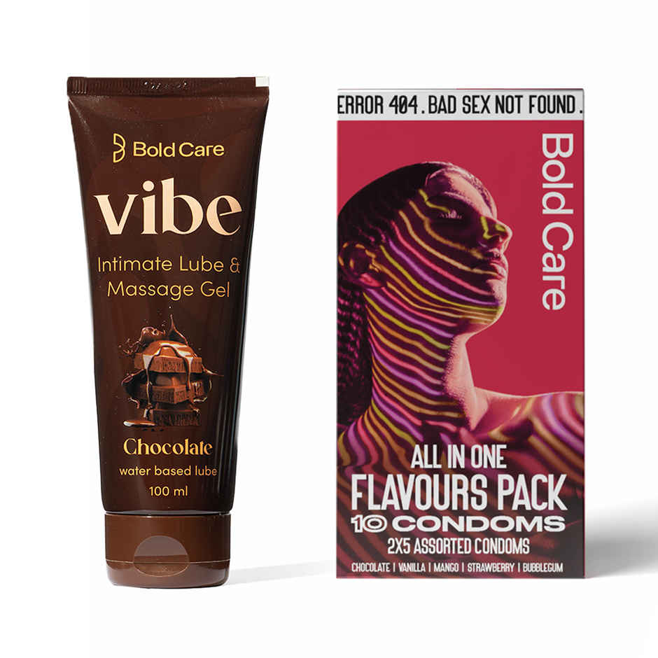Bold Care Vibe - Chocolate Flavoured Water-Based Intimate Lube (100ml) & Bold Care 404 By All-In-One Flavours Pack Condoms - Chocolate, Strawberry, Mango, Vanilla, & Bubblegum (10pc) Combo