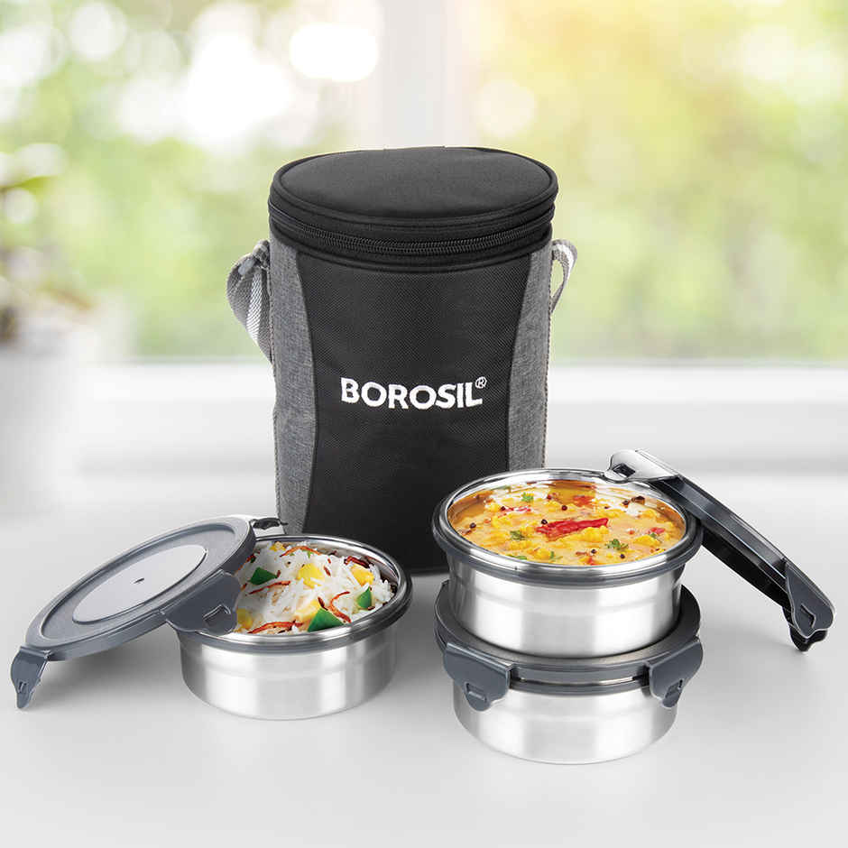 Borosil Feast Stainless Steel Lunchbox with Carry Bag Mixed Sizes Tiffin