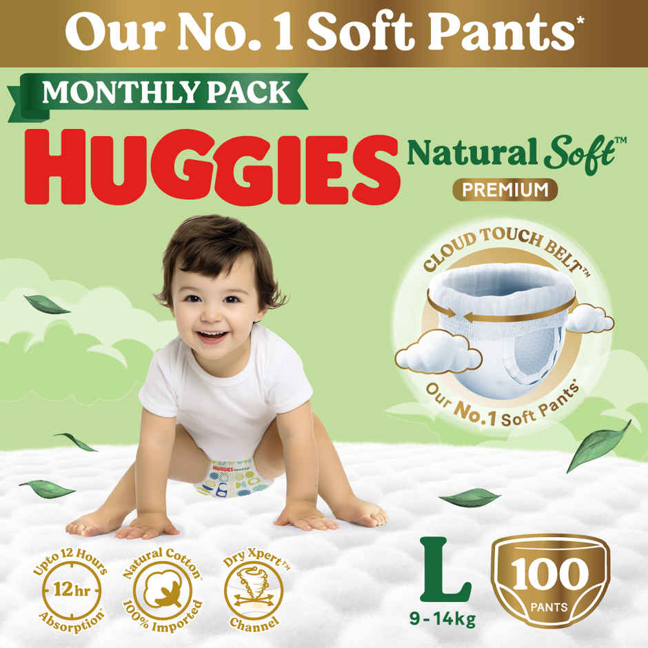 Huggies Natural Soft Premium Baby Diapers | Pant Style | L | 100 pcs
