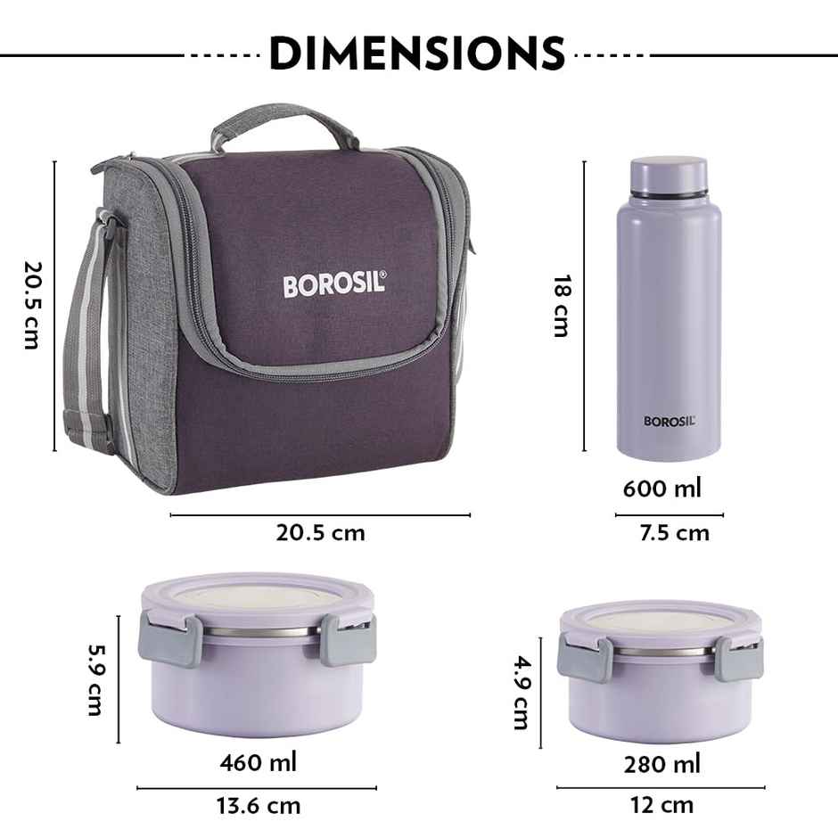 Borosil Glory Lavender Stainless Steel Lunchbox, 3pcs Set (280ml x 2 + 460ml x 1) + 1Bottle