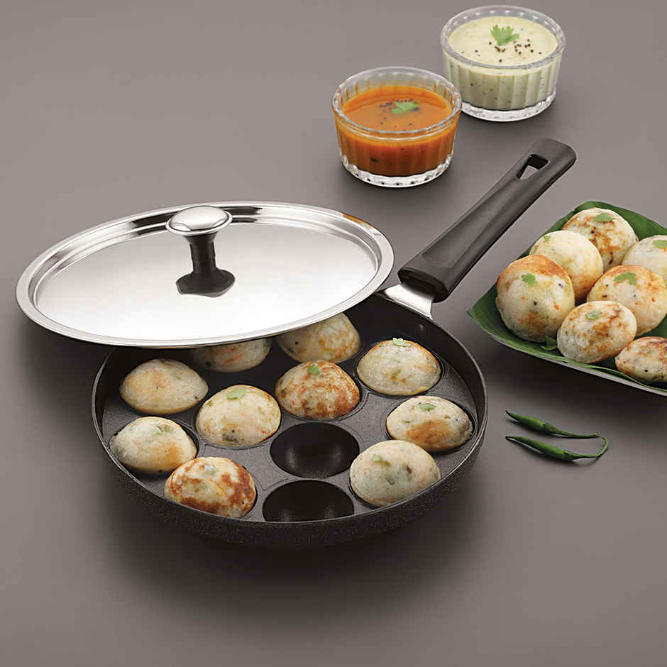 Magnus Appam Patra With Stainless Steel Lid | 12 Cavity Non-Stick Pan | Paniyarakkal With Lid