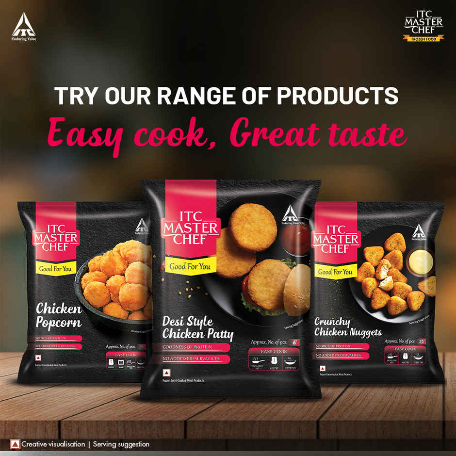 Itc Master Chef Desi Style Chicken Patty | Goodness Of Protein | No Added Preservatives | 6 Pieces (330g) & The Health Factory Zero Maida Burger Bun | Clean Label - Not Brown (120g) Combo