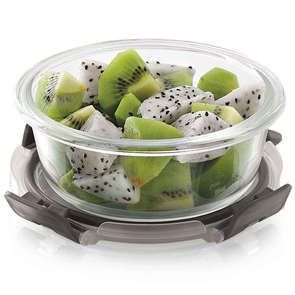 Magnus Glock 400 ml Round Grey Container with Airtight Lid & Detachable Lock, Borosilicate Glass