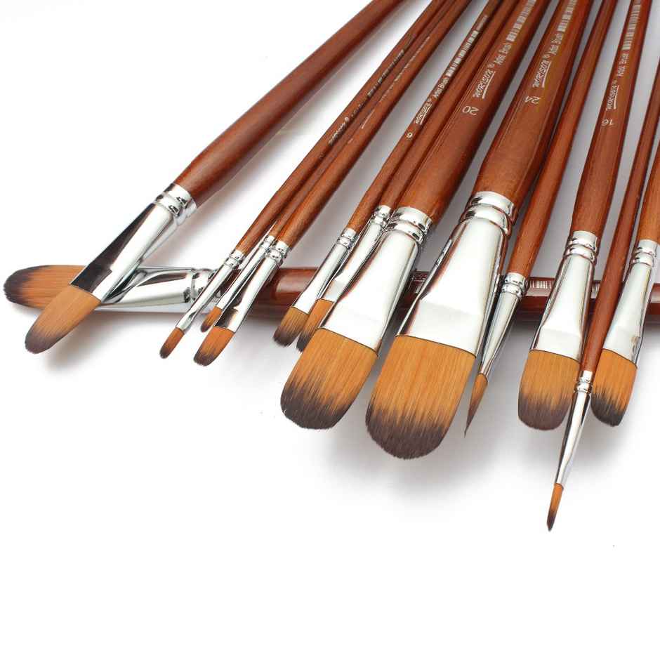 Chrome Long Handle Synthetic Filbert Tip Artist Paint Brushes - 13 Piece Set