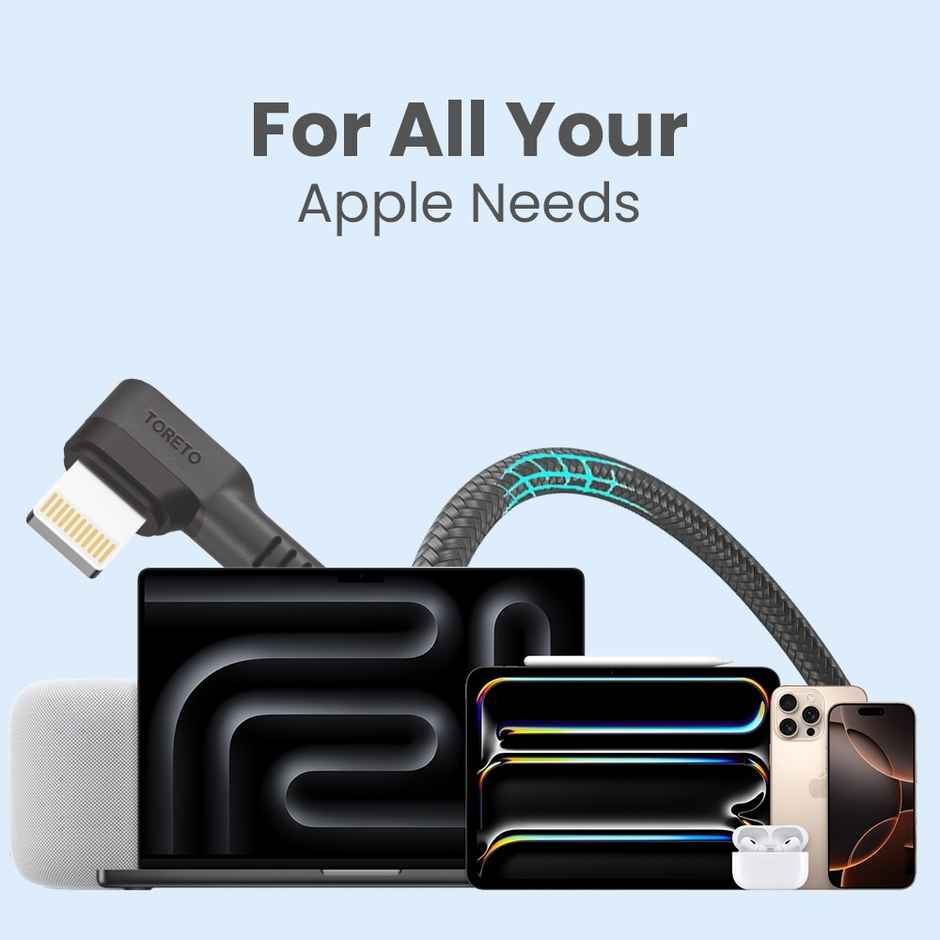 Toreto USB to Lightning 3A Fast Charging Nylon Braided Cable Compatible for iPhone 14,13, 12,11, X, 8, 7, 6, 5, iPad, Macbook, iMac, AirPods, Fast Data Sync, 1Meter - Black