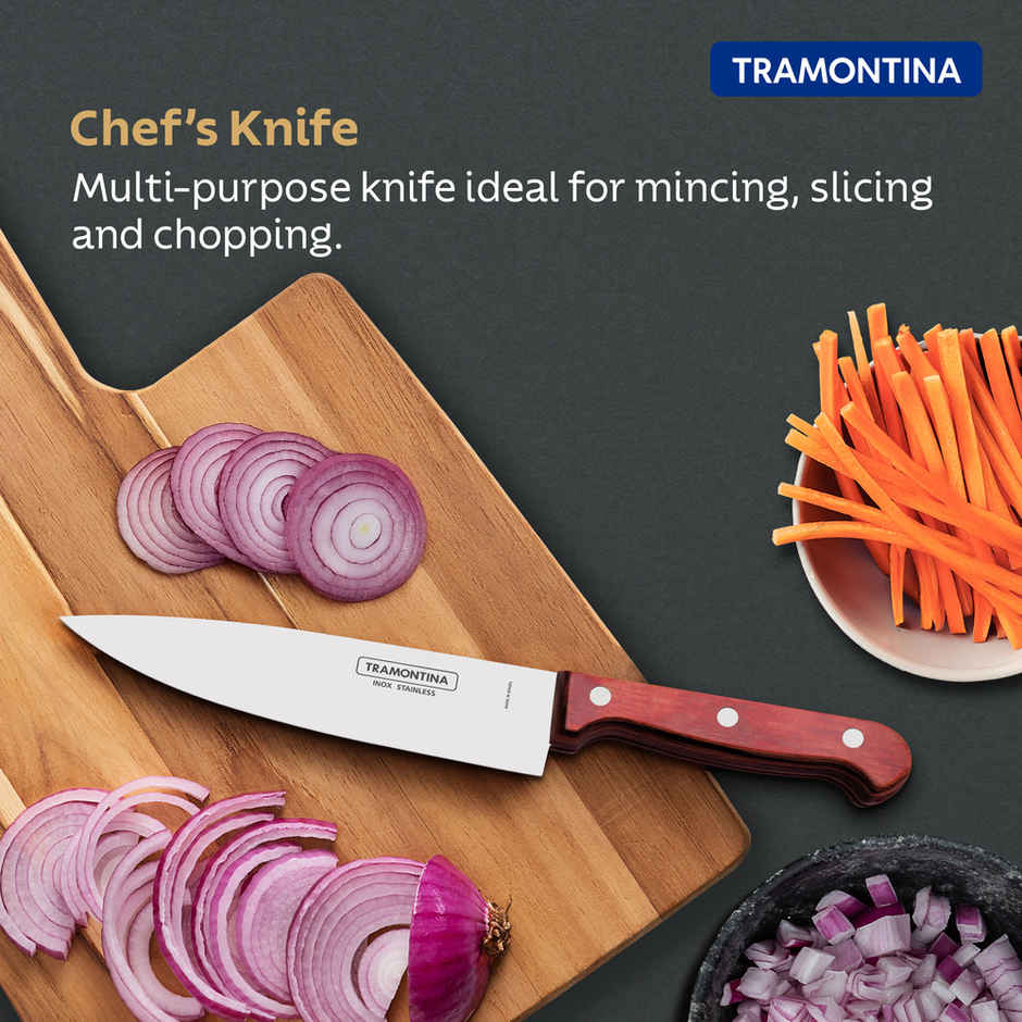 Tramontina Polywood Stainless Steel Chef Knife/,15.2cm/6 inch | Straight/Plain Edge Knife | Treated Brazilian Polywood Handle | Impact Resistant | Heat Resistant |Dishwasher Safe | 5 Year Warranty