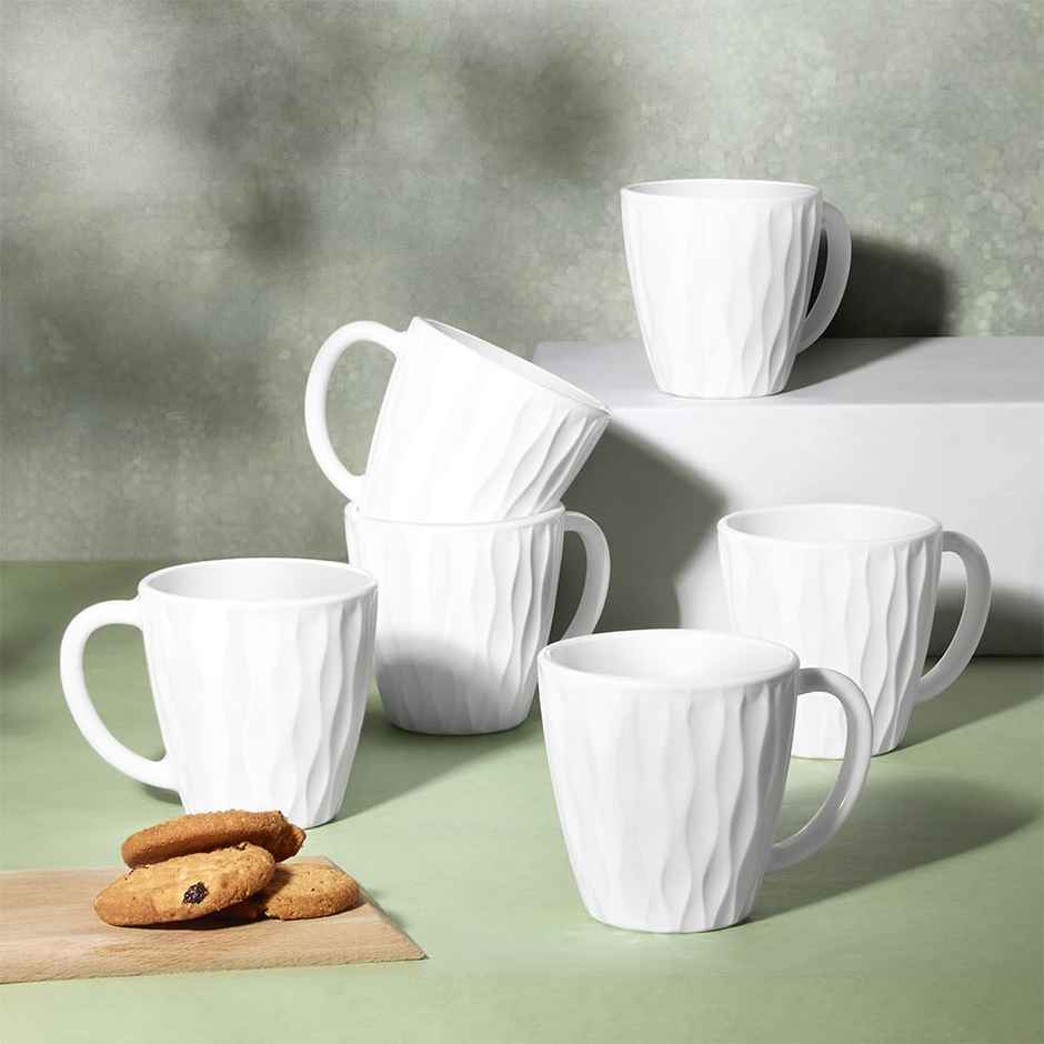 Larah By Borosil Curl Opalware Cup, Set Of 6 Tea/Coffee Cups, 200 ml Each, Crockery Set, White