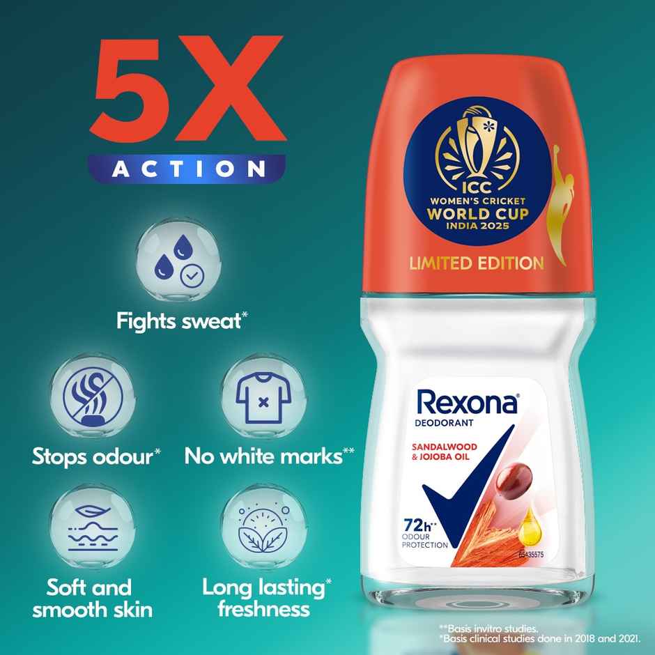 Rexona Antiperspirant Roll-on | Sandalwood & Jojoba Oil, 12-HAS & Glycerin