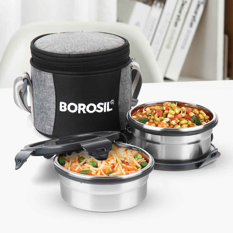 Borosil Feast Stainless Steel Lunchbox with Carry Bag Vertical Tiffin for Office School College