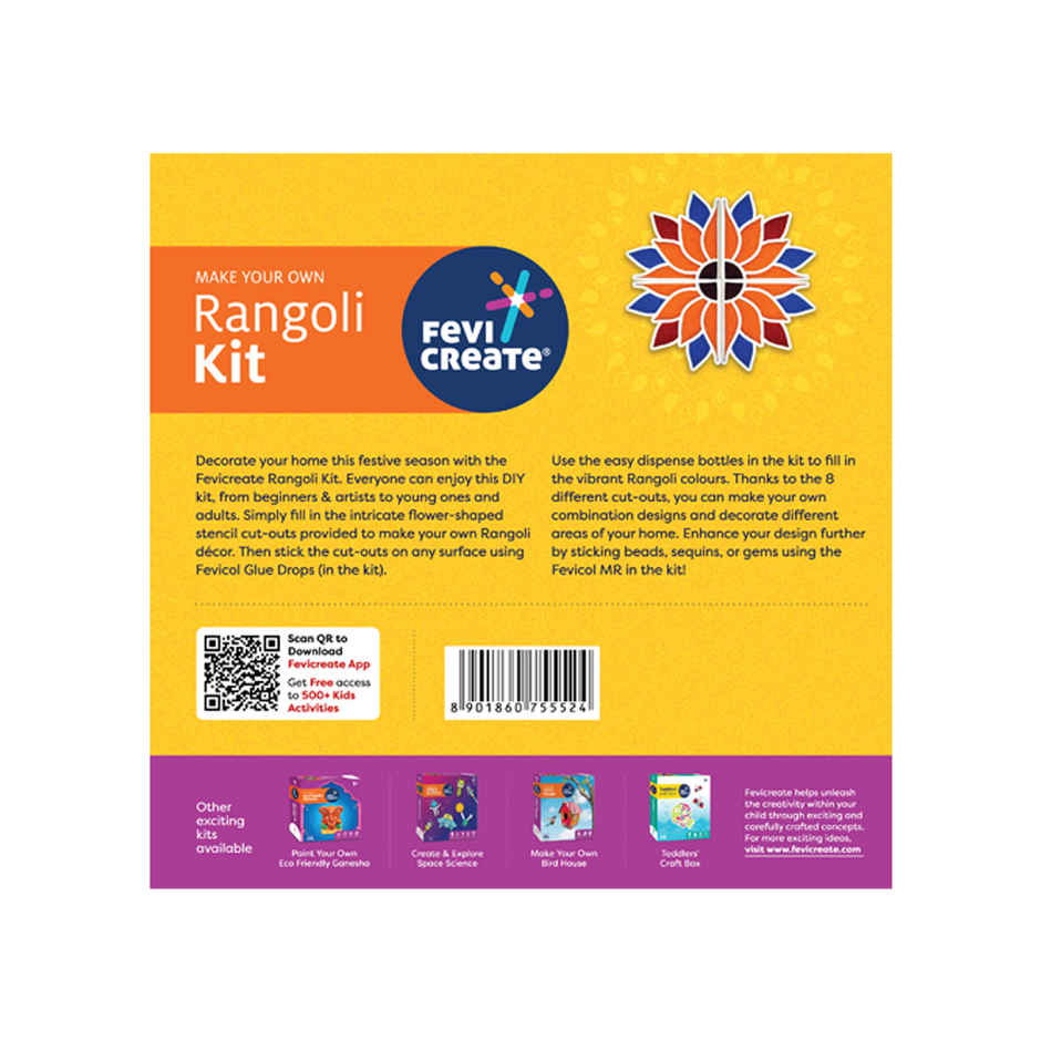 Fevicryl Rangoli Kit, 8 Stencils,10 Colors, 4 Dispensing Bottles & More, For Home, Pooja, Festive Decoration