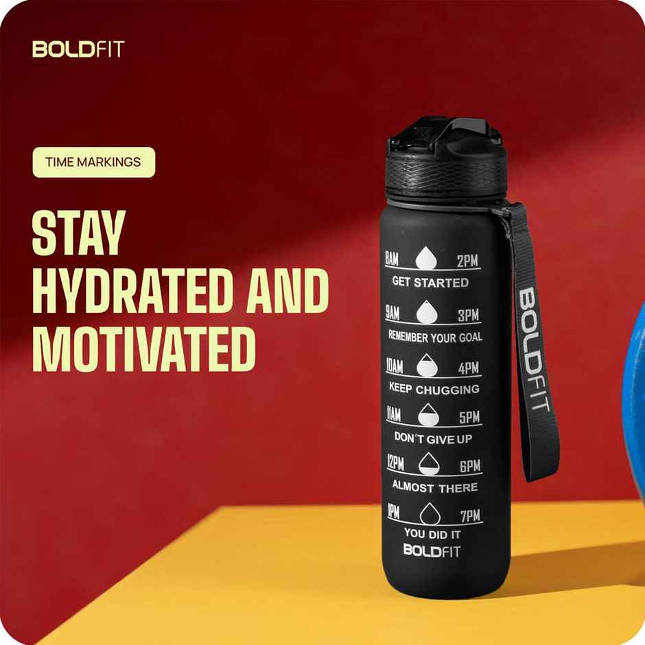 Boldfit Plastic Water Bottle with Motivational Time Markers | Black | 1 L