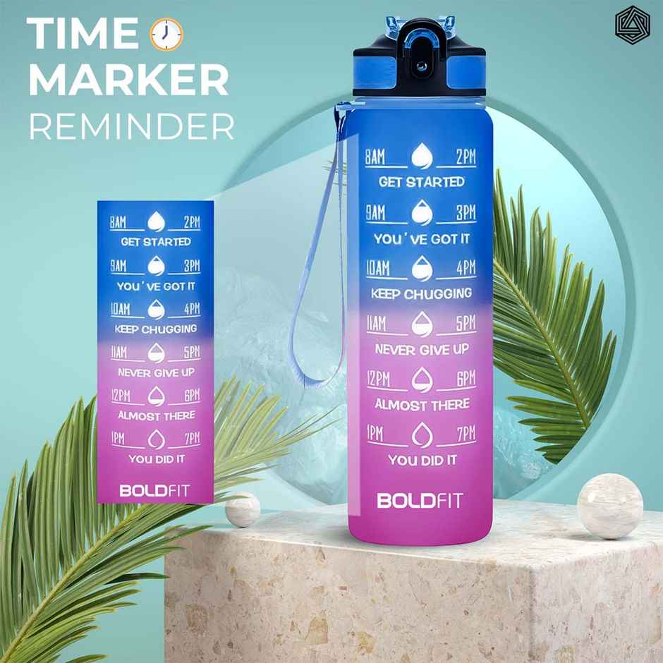 Boldfit Plastic Water Bottle with Motivational Time Markers | Blue and Pink | 1 L