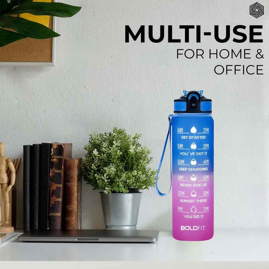Boldfit Plastic Water Bottle with Motivational Time Markers | Blue and Pink | 1 L