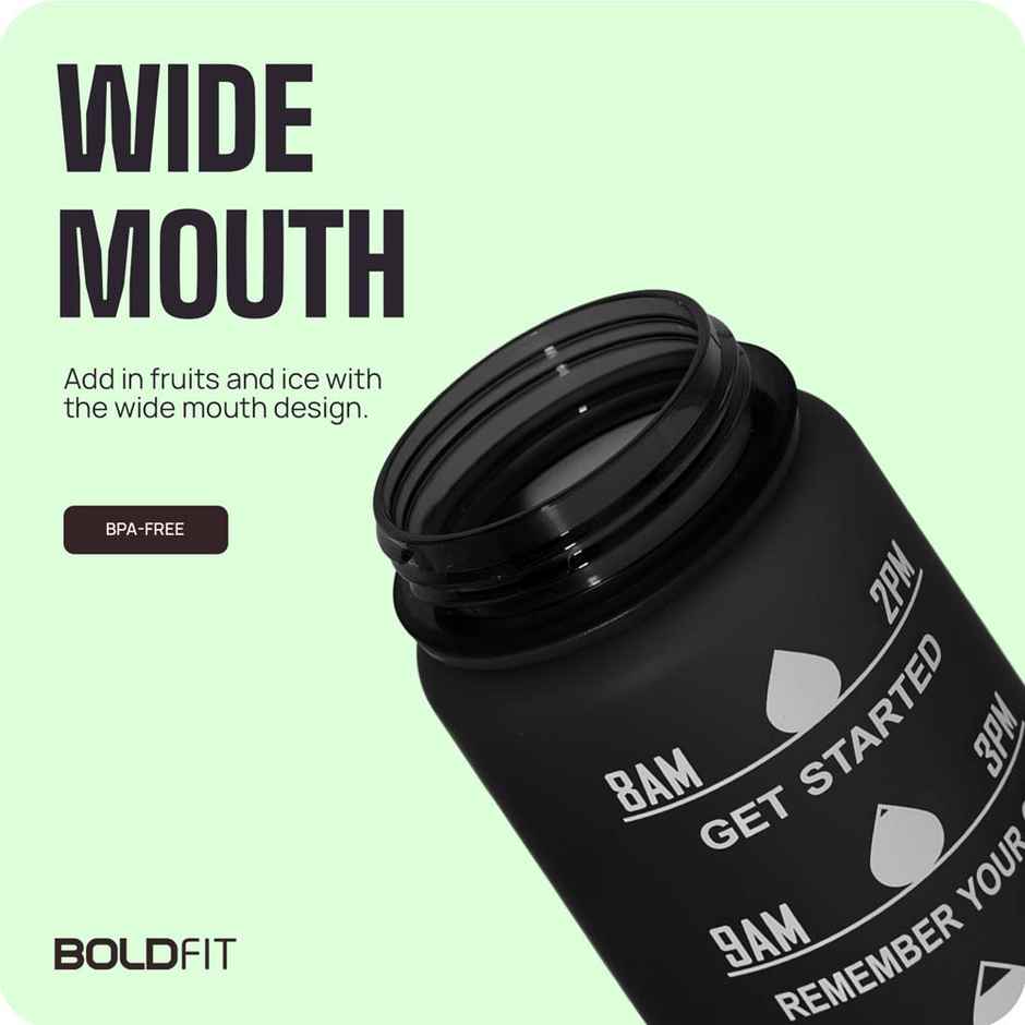 Boldfit Plastic Water Bottle with Motivational Time Markers | Black | 1 L