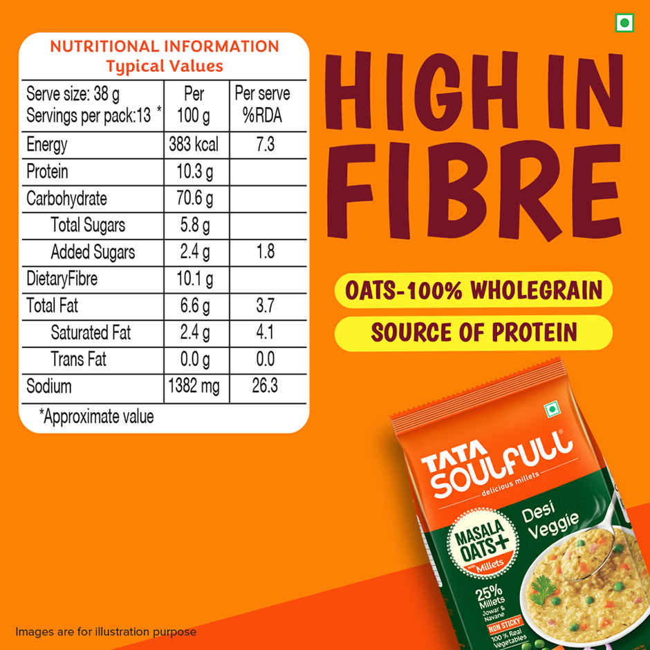 Tata Soulfull Masala Oats+ Desi Veggie, with 25% millets, Non sticky
