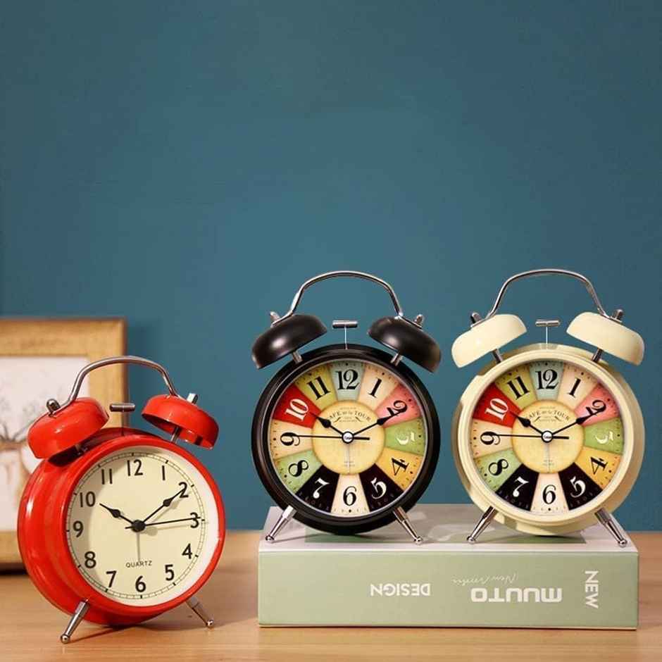 Perpetual Table Clock Retro Twin Bell Metal Frame Alarm Clock | Black Vintage | 4.5 x 1.5 in