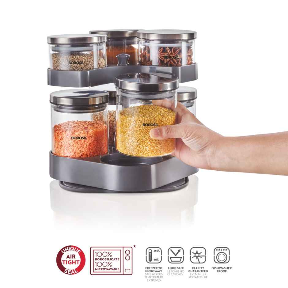 Borosil Spin N Store Classic Jar, 360 Rotating Tray Borosilicate Glass - 300 ml x 3 + 600 ml x 4