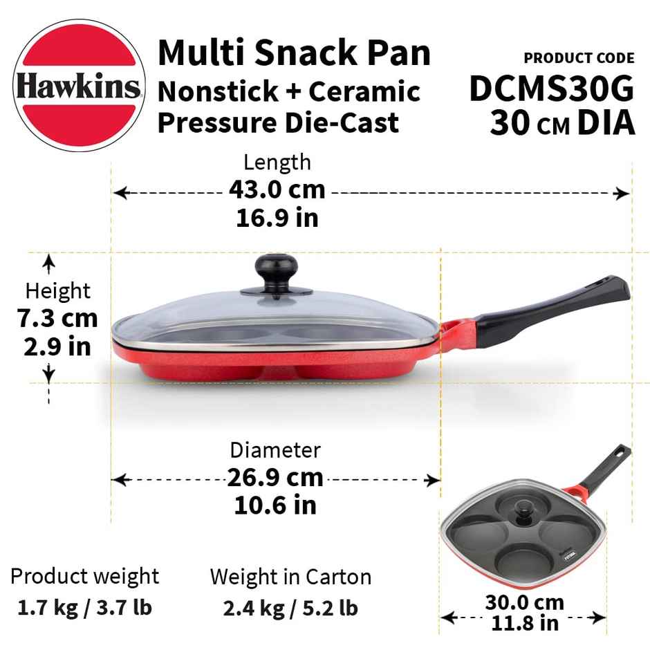 Hawkins 30 Cm Die-Cast Multi Snack Pan With Glass Lid, Nonstick Mini Uttapam Tawa, Red (Dcms30G)