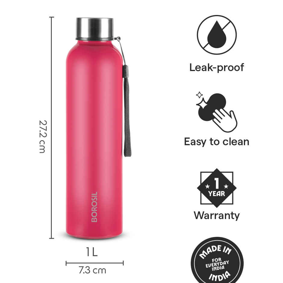 Borosil Laguna Single Wall Stainless Steel Water Bottle | Red | 1 L