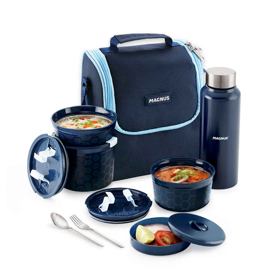 Magnus Neo 5 Lunch Tiffin - 3 Microwave Safe Inner Steel Containers Dabba Bottle Spoon And Fork