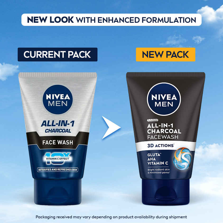 NIVEA MEN All in 1 Charcoal Face Wash | Gluta & AHA Cleanser | Helps Reduce the Appearance of Tan