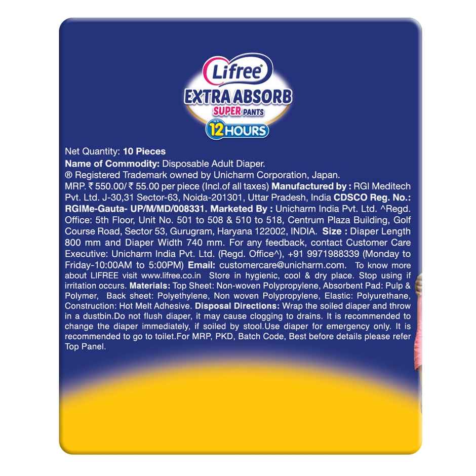 Lifree Super Extra Absorb Adult Diaper Pants Unisex | Waist (35-49 Inches) - L