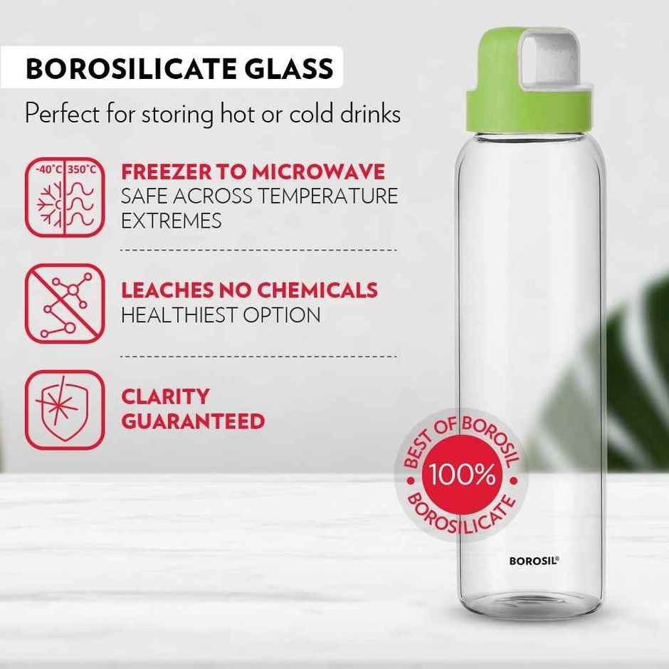 Borosil 1L Neo Glass Water Bottle With Husk Green Lid, Borosilicate Glass Bottle