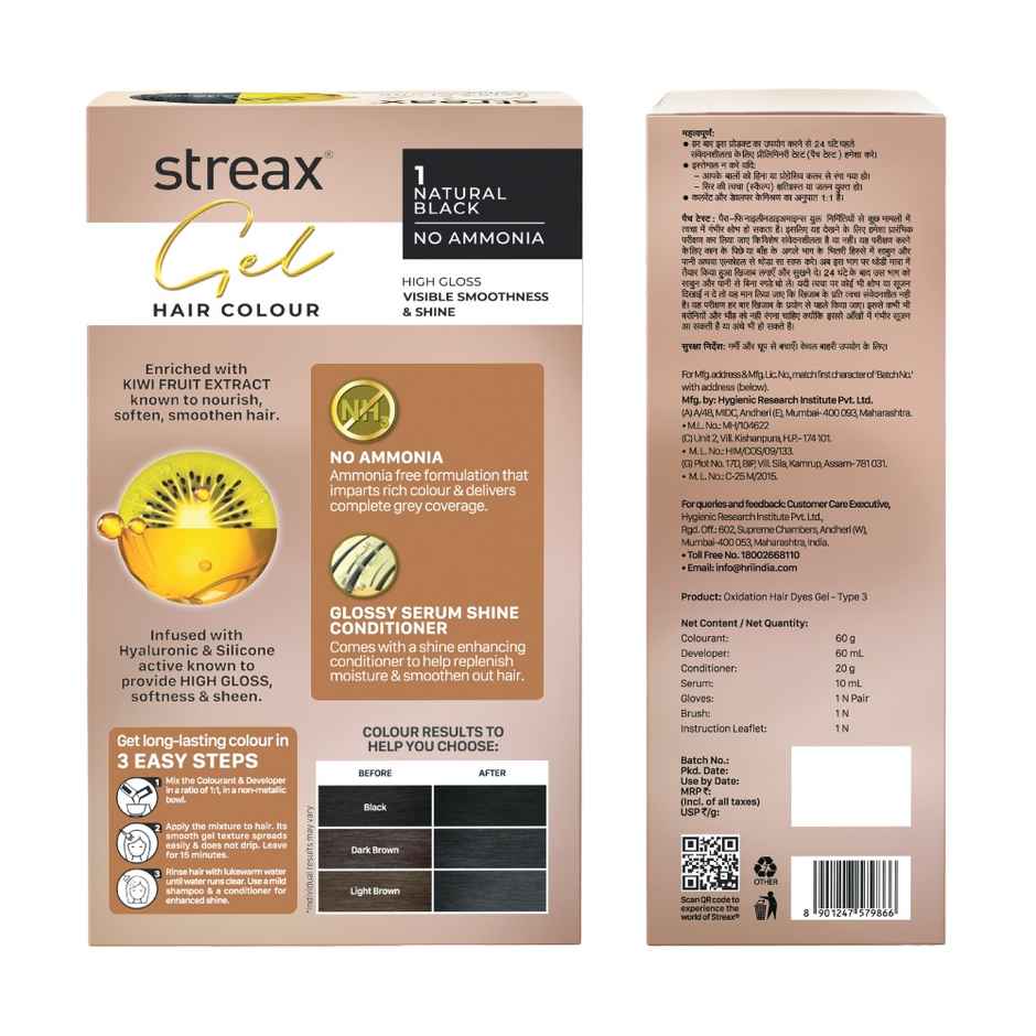 Streax Gel Hair Colour Natural Black 1 ,150 ml | No ammonia hair color | 100% grey coverage 