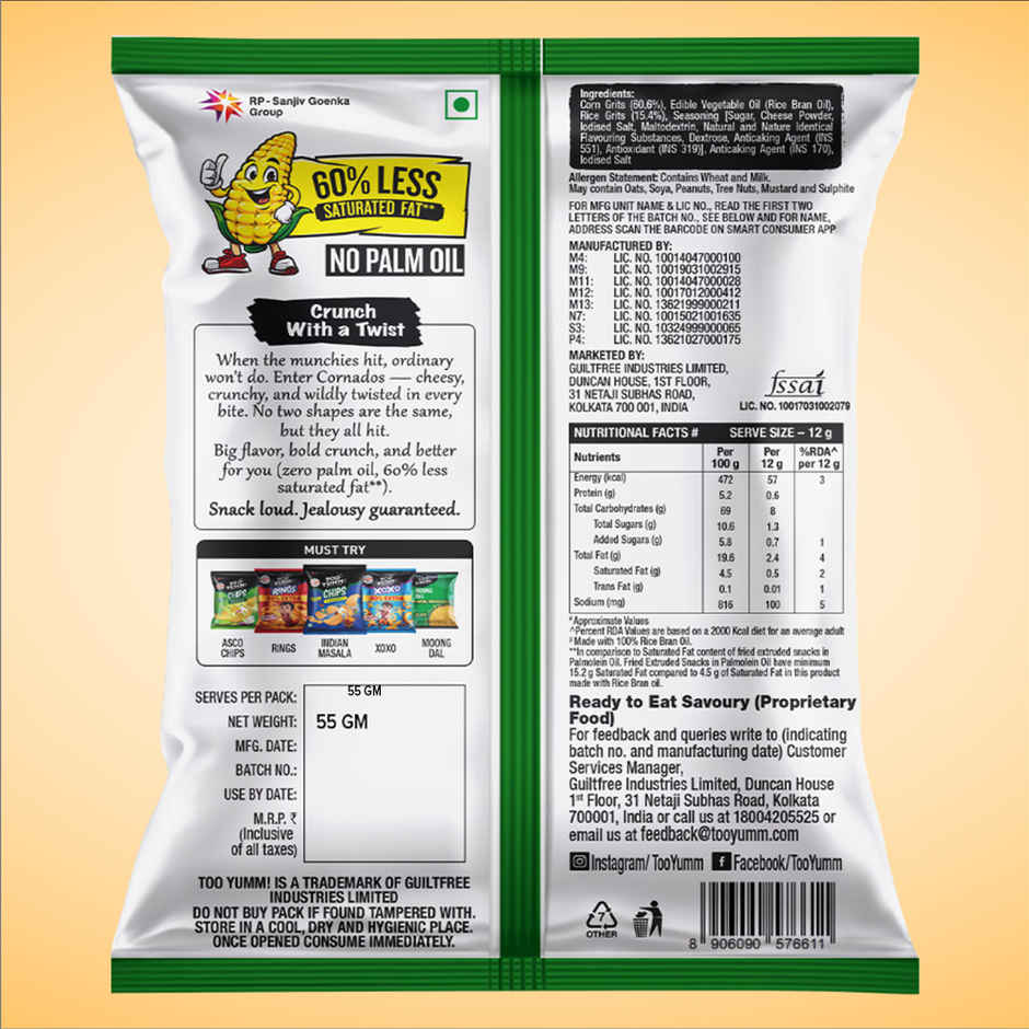 Too Yumm Extra Cheesy Crunchy Cornado, 60%  Less Saturated Fats, No Palm Oil Healthy Cheese Puffcorn Combo