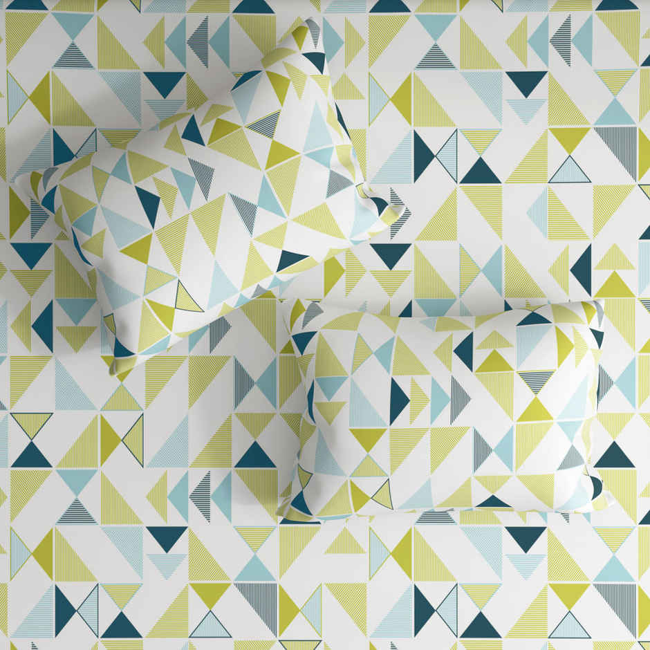 Wakefit Maze Fitted Queen 100% Cotton Geometric Bedsheet, 2 Pillow Covers | White | 78 x 60 in