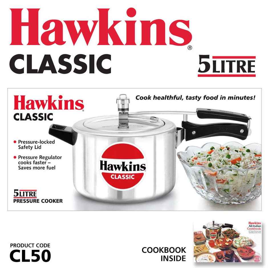 Hawkins 5 Litre Classic Pressure Cooker, Best Inner Lid Cooker, Silver (Cl50)