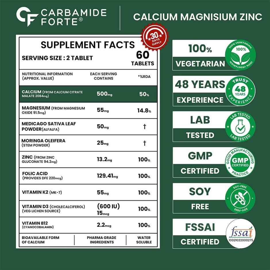 Carbamide Forte Veg Calcium And Vitamin D3 Tablets Calcium Tablets for Women & Men Calcium Magnesium