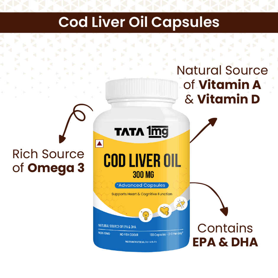 Tata 1mg Cod Liver Oil Capsule | Omega-3 & Vitamin A for Bone & Heart Health