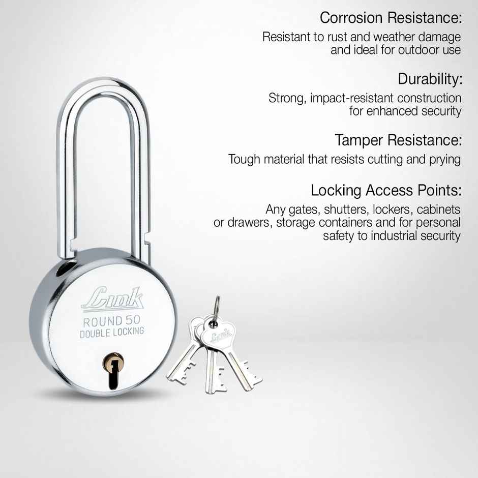Link New Round Stainless steel 50 mm Long shackle Padlock with 3 keys