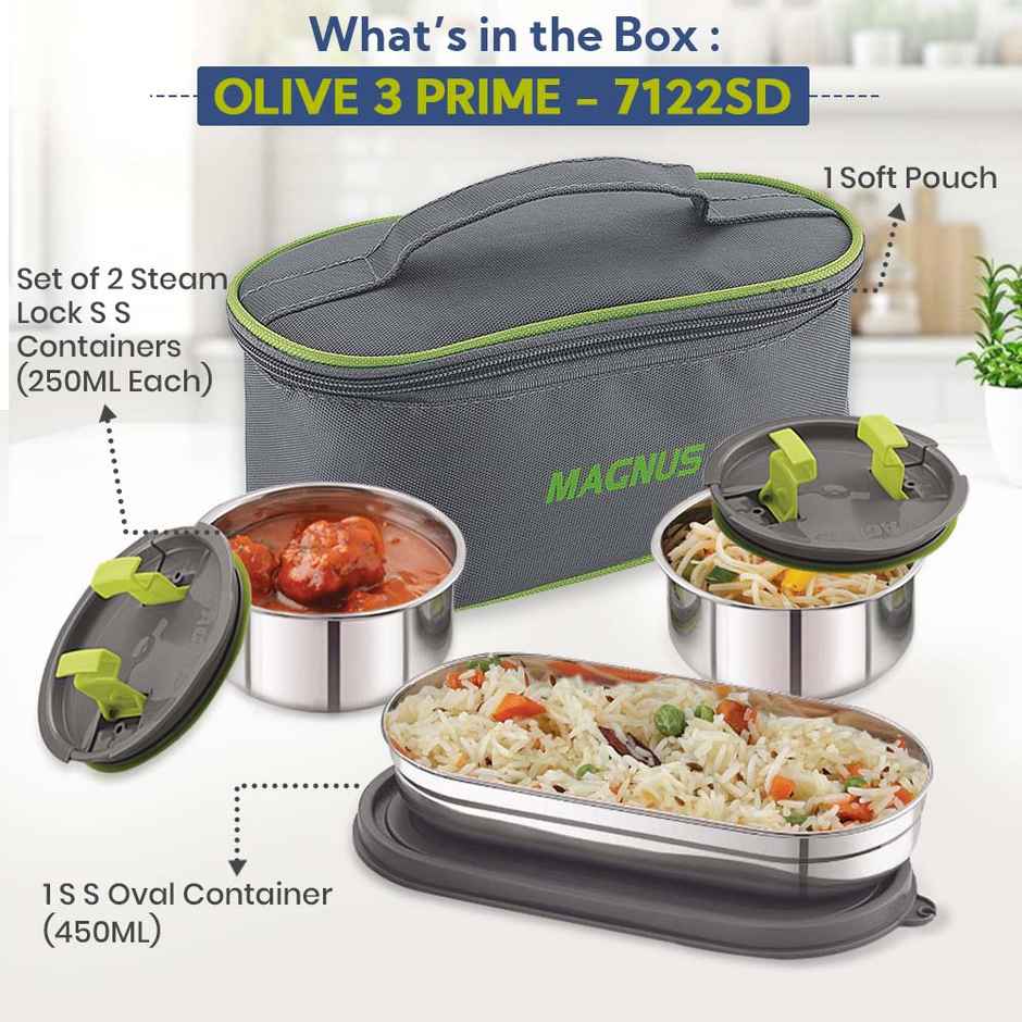 Magnus Olive-3 Prime Stainless Steel Lunchbox With Leak-Proof Containers & Insulated Carry Case