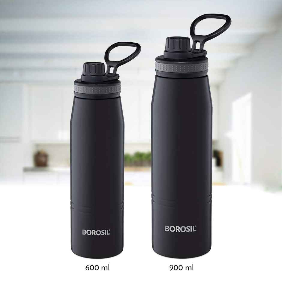 Borosil Stainless Steel Gosports Water Bottle, 14 Hrs Hot & 18 Hrs Cold Insulated | Black | 600 ml