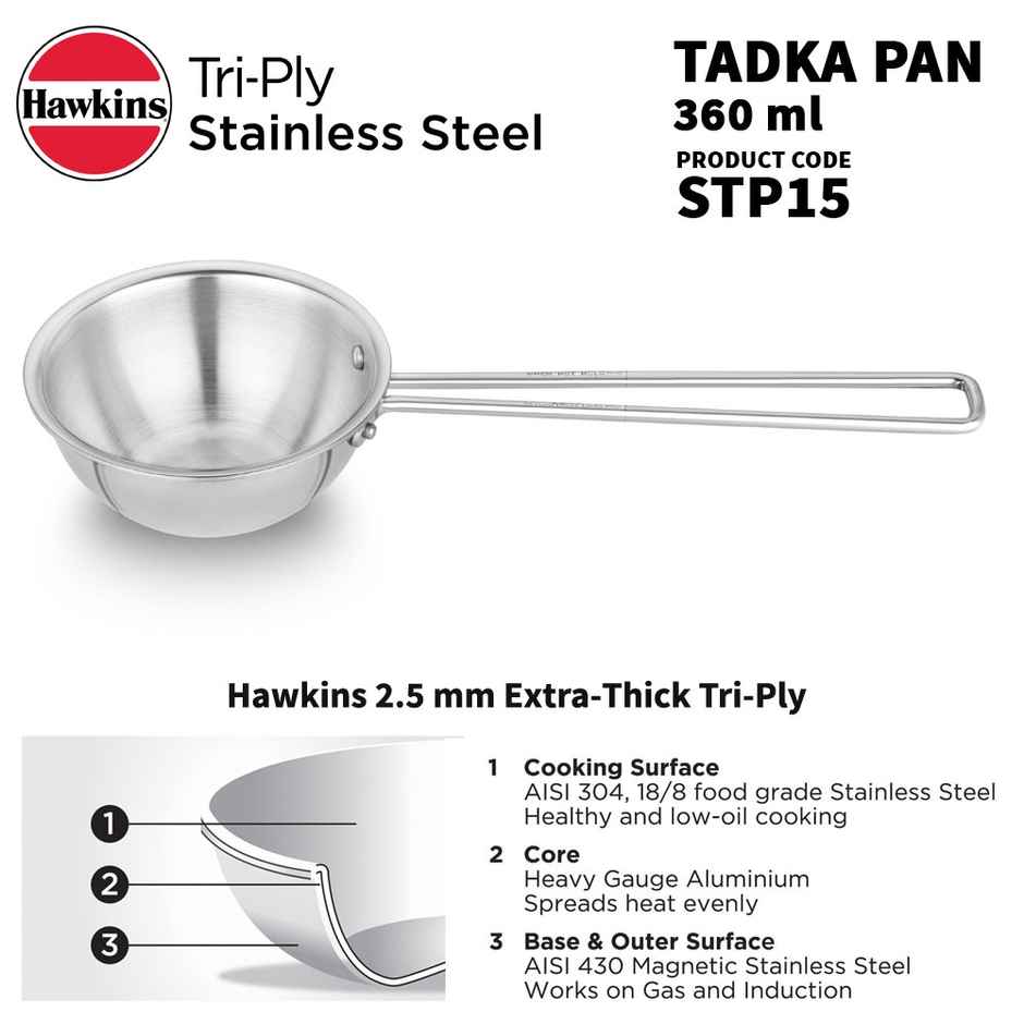 Hawkins 1.5 Cup Tadka Pan 360 ml Triply Stainless Steel Pan Induction Pan - Silver