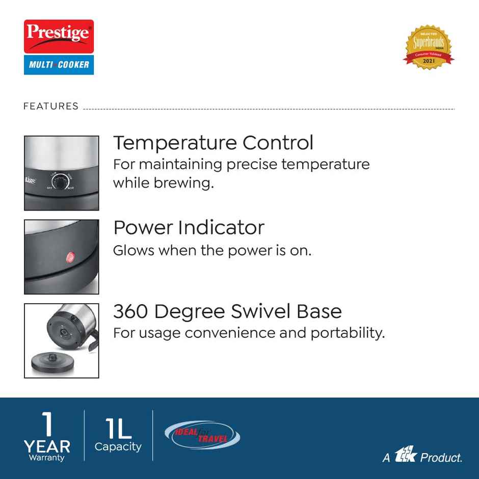 Prestige Multi Cooker Electric Kettle, 600Watt, 1L, Stainless Steel, Pmc 1.0 Plus - Silver