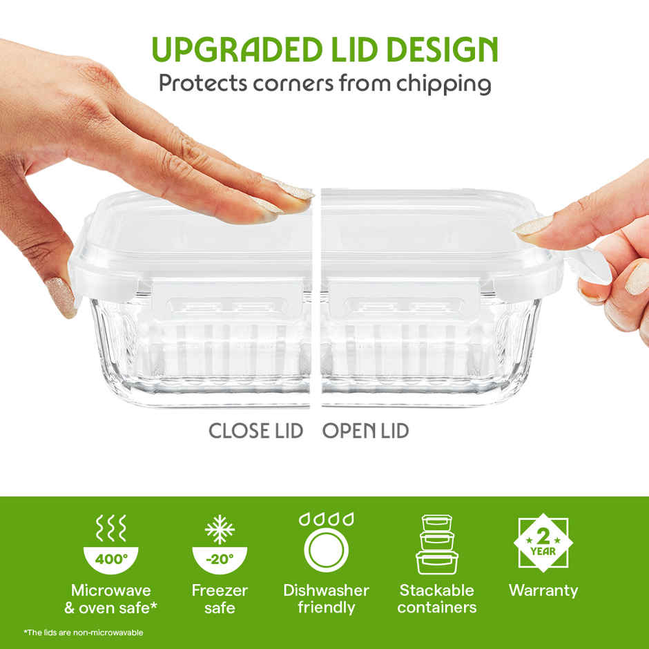 Borosil Fluted Klip N Store Square Food Storage Container Borosilicate Glass Microwave Safe