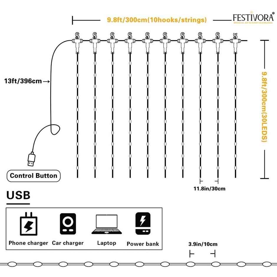 Festivora 240 LEDs Warm White Curtain String Lights - 3x3 Ft, USB Operated Lights for decoration