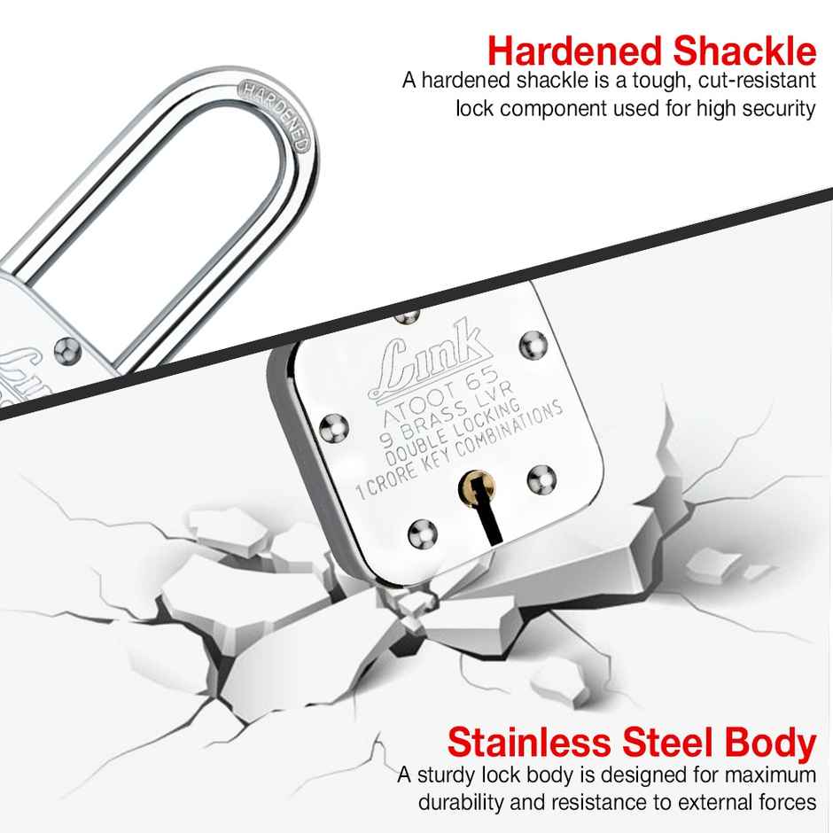 Link Stainless steel Brass Levers With Long Hardened Shackle Atoot 65 LS mm padlock with 3 Keys