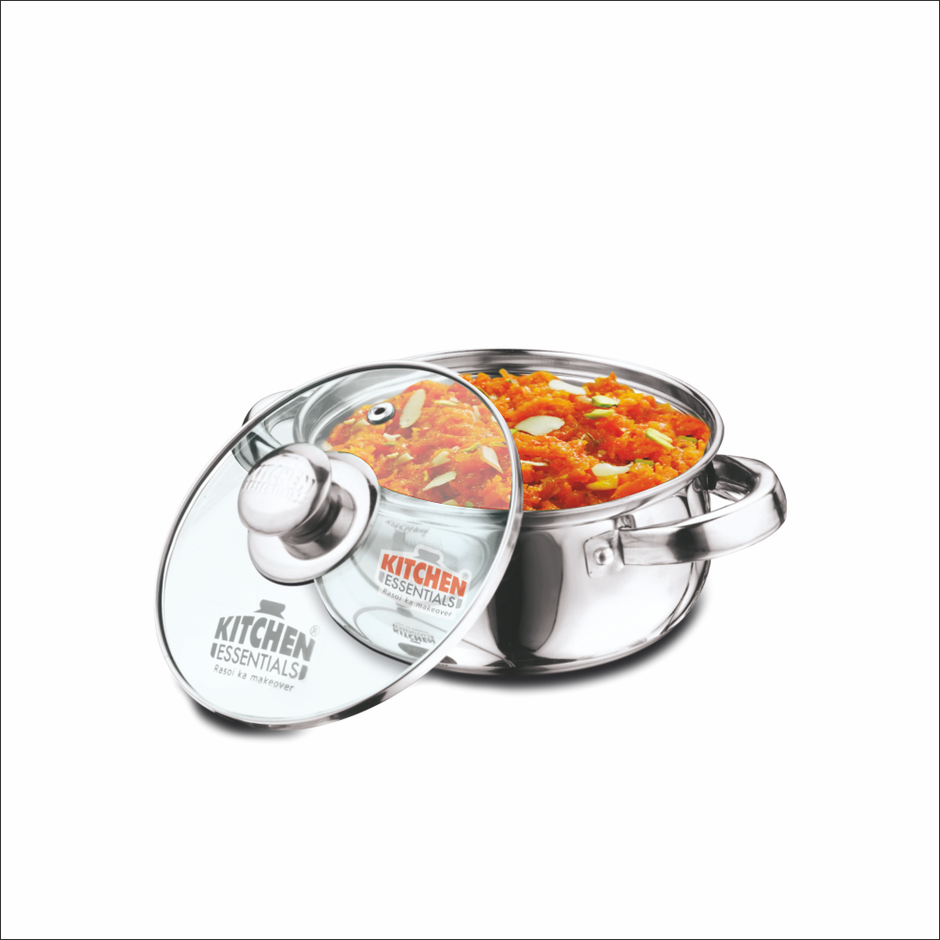 Kitchen Essentials Stainless Steel Flat Bottom Tall Belly Casserole With Glass Lid 16Cm (2L)