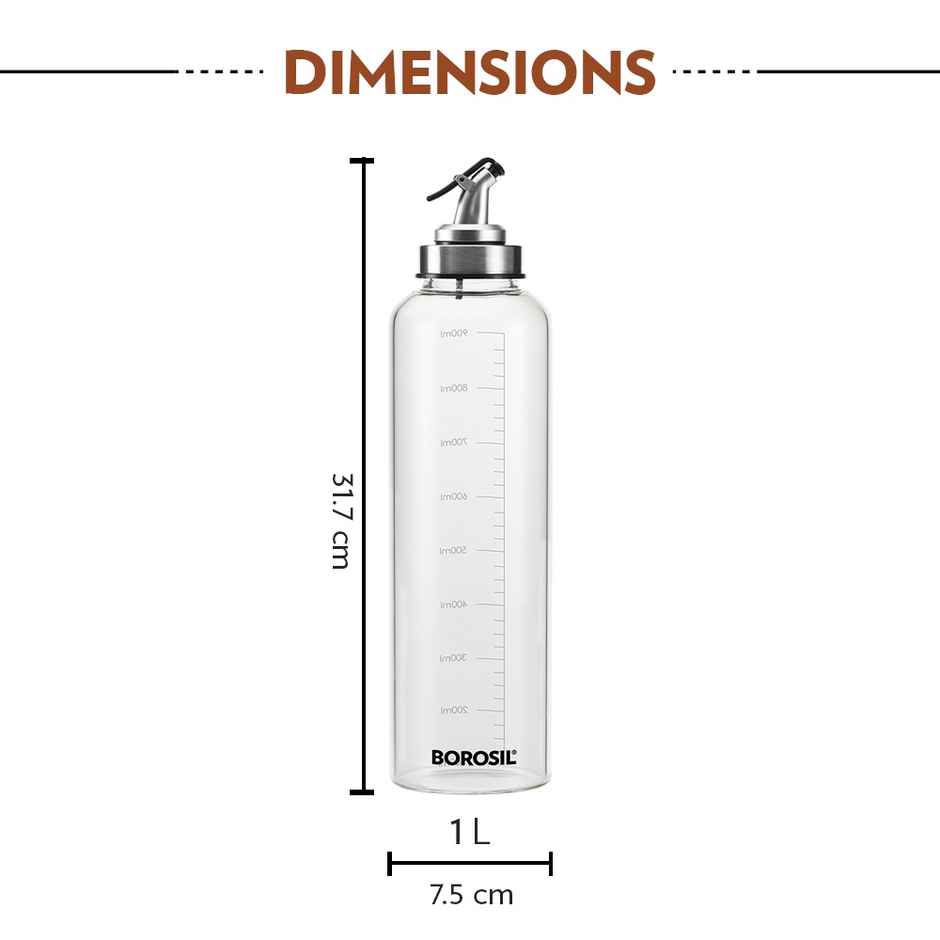Borosil 1L Oil Dispenser & Pourer with Measurement, Stainless Steel Nozzle, Oil Container