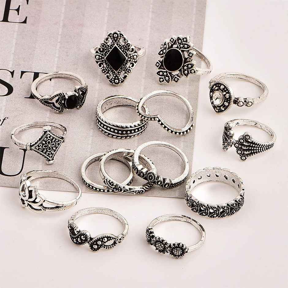 Shining Diva Fashion Set of 15 Base Metal Boho Midi Finger Rings for Women and Girls | 11800r