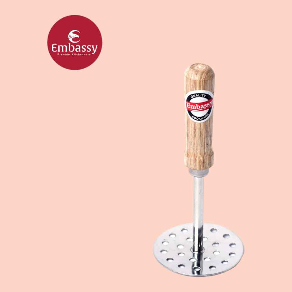 Embassy Pav Bhaji Masher, Size 3 (Wood Handle), Stainless Steel (Mashing Vegetables, Baby Food etc.)