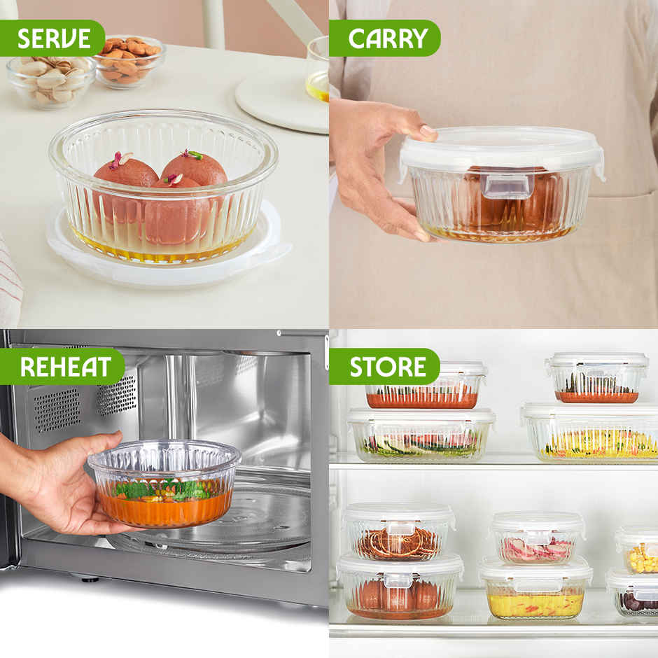 Borosil 620ml Fluted Klip N Store Round Food Storage Container Borosilicate Glass Microwave Safe