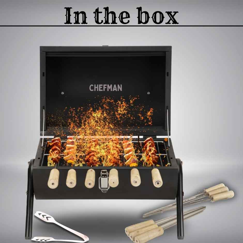 Chefman Barrel Charcoal Barbeque Grill | Detachable Legs | With Accessories | Black