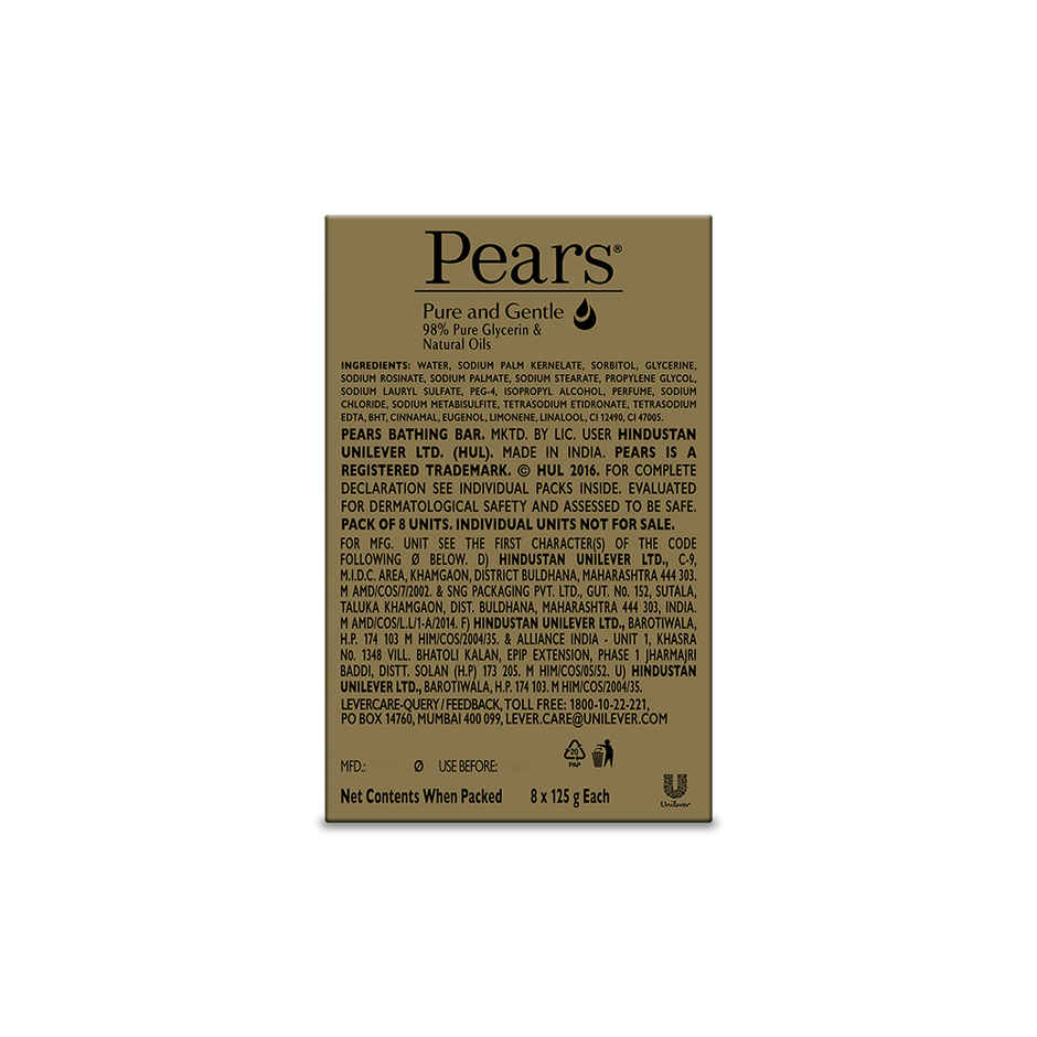 Pears Moisturising Bathing Bar Soap With Glycerine Pure & Gentle - For Golden Glow - (125G X 8)