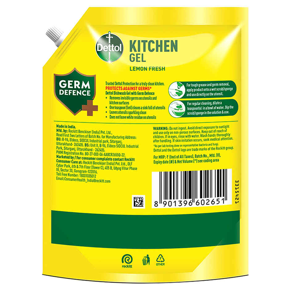 Dettol Antiseptic Liquid For First Aid | Surface Disinfection And Personal Hygiene (750ml) & Dettol Lemon Fresh Kitchen Dish And Slab Gel Refill (1.5L) Combo